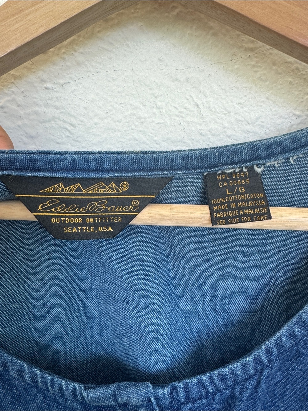 Eddie Bauer Vintage Denim Jumper Dress Size L 100% Cotton Button Front Garden - Picture 5 of 8